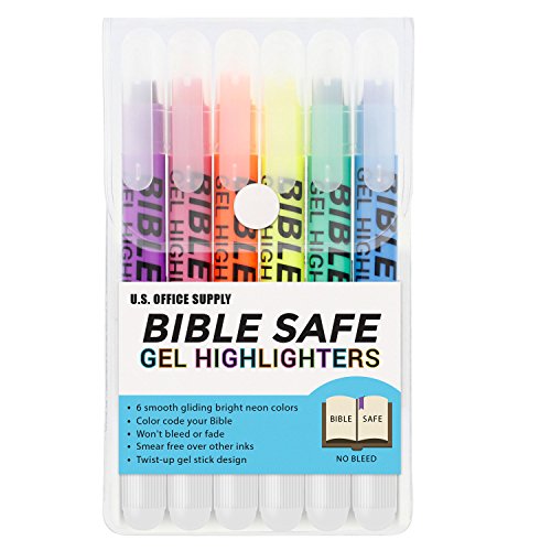 U.S. Office Supply Bible Safe Gel Highlighters - 6 Bright Neon Highlight Colors - Won't Bleed, Fade or Smear - Study Guide