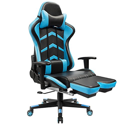 Furmax Gaming Chair High Back Racing Chair, Ergonomic Swivel Computer Chair Executive Leather Desk Chair with Footrest, Bucket Seat and Lumbar Support (Blue)